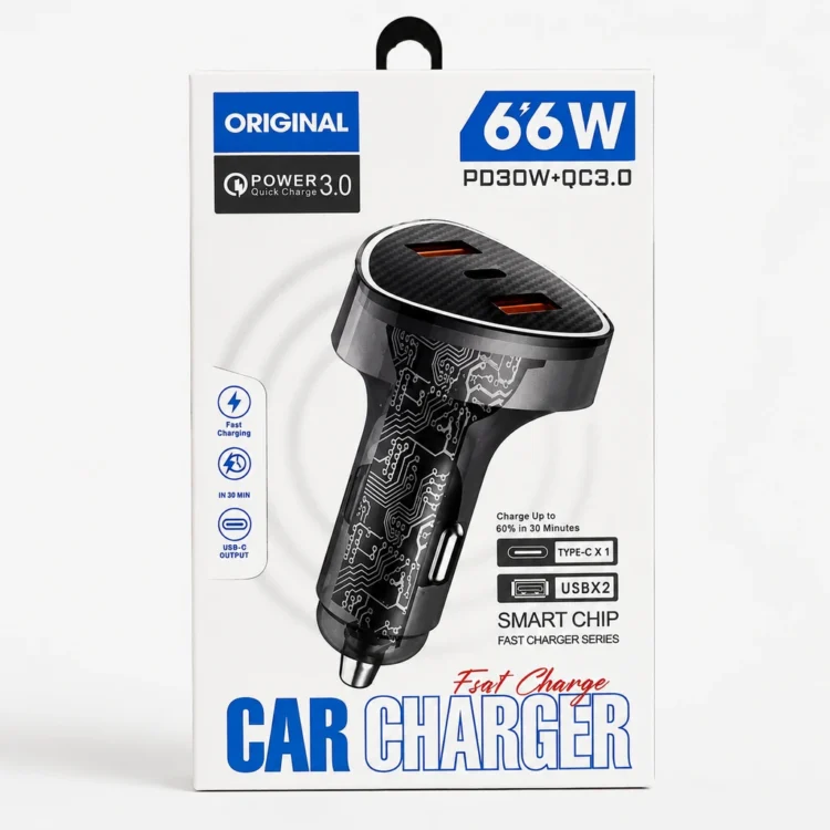 شارژر فندکی ماشین ۶۶ وات فست شارژ مدل PD 30W + QC 3.0 (مجهز به چیپ هوشمند)